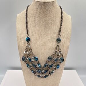 Vintage Cookie Lee Blue Crystal Bib Necklace Gunmetal Tone Multi Row Statement